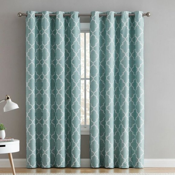 NEW Pair Aqua Quatrefoil Blackout Curtains 52x84" - Picture 1 of 1